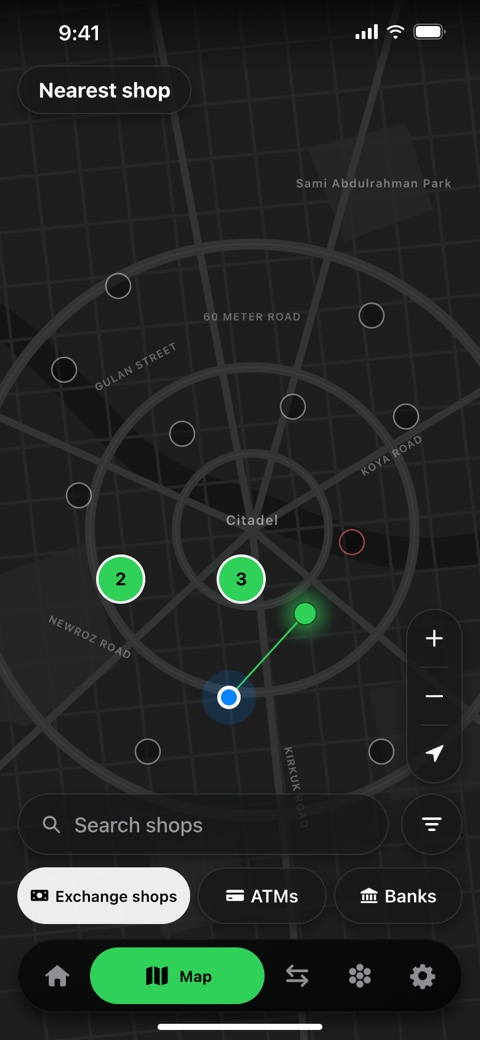 Se3rForIQD map of exchange shops